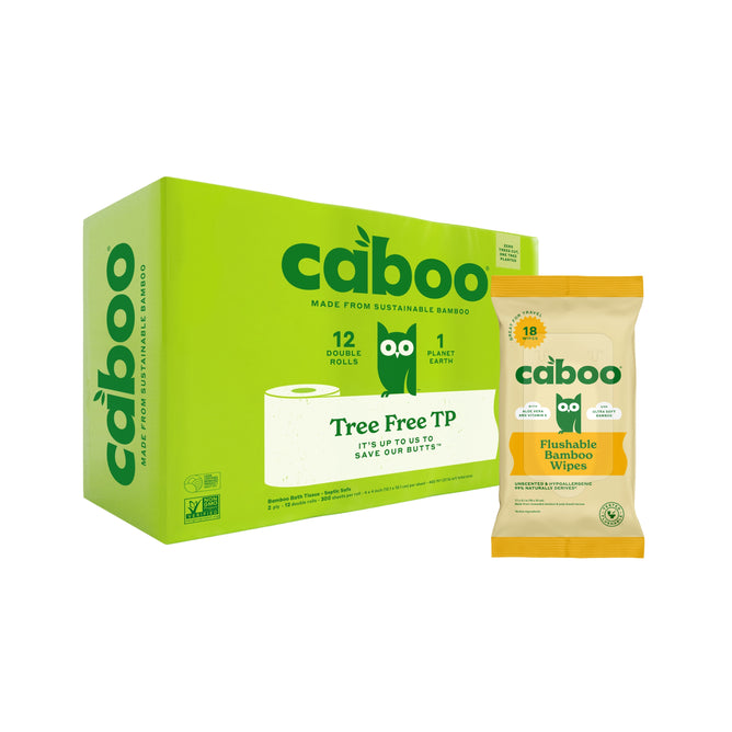 A green box of Caboo 2-Ply Bath Tissue (12 Rolls) and a yellow pack of FREE Caboo Flushable Wipes, both made from sustainable bamboo, are displayed on a white background.