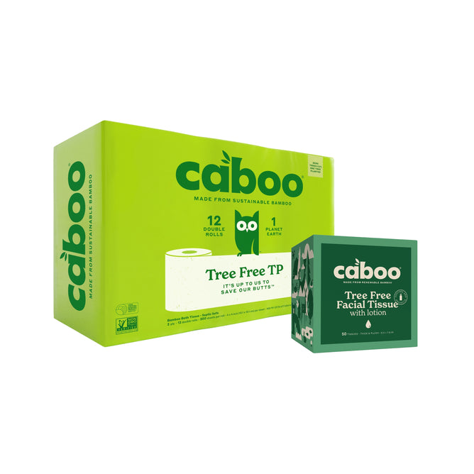 Caboo offers a sustainable deal: buy a large box with 12 rolls of 2-ply tree-free bath tissue, get a free lotion facial tissue cube—both made from bamboo and packaged in green boxes.
