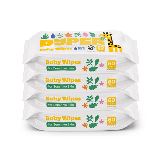 Four DYPER Baby Wipes for Sensitive Skin packs are stacked. Each white pack has colorful floral designs, a giraffe illustration, and holds 60 hypoallergenic wipes, labeled "Baby Wipes for Sensitive Skin.