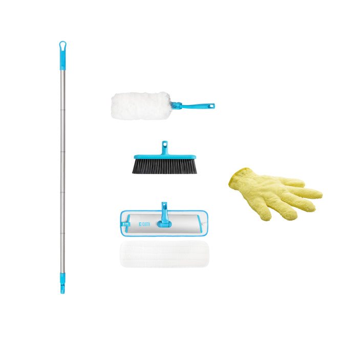 The Grove Collaborative Buy Easy-Click Home Cleaning Set includes a long silver handle, white duster, black broom head, blue-accented reusable pads, and comes with a free yellow High Performance Dusting Glove—shown on a white background.