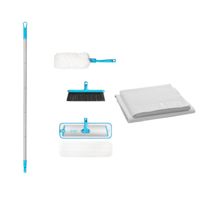 The E-Cloth Buy Easy-Click Home Cleaning Set includes a long metal handle, duster, broom, floor mop head, mop pad, and two reusable cloths with blue and white accents—plus a free recycled plastic window cleaning kit. Chemical-free cleaning.