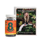 A bottle of 8Greens Super Greens Gummies sits beside The 8Greens Cookbook, offered free with purchase, both from 8Greens. The cookbook’s cover features a woman surrounded by fresh green vegetables.