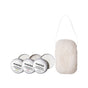 Three small Everist tins from The Fragrance-Free Hair & Body Care Bundle sit beside a white konjac sponge with loop handle, all set against a plain white background.