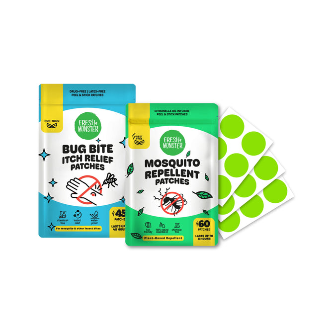 Fresh Monster Buy Bug Bite Itch Relief Patches, Get Mosquito Protection Patches FREE—chemical-free packs in blue/yellow and green/yellow, with several round green patches shown beside them.