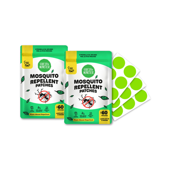 Buy Mosquito Protection Patches, Get One FREE by Fresh Monster! Each pack features green & white packaging with 60 round, bright green patches. Enjoy safe, DEET-free mosquito repellent for your family.