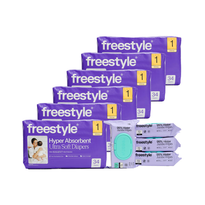 Freestyle Tree Free Bamboo Diaper & Jumbo Wipes Starter Set (One Month Supply) featuring size 1 ultra soft bamboo diapers and hypoallergenic baby wipes, displayed against a white background.