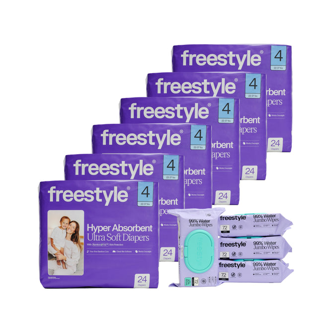 Five packs of Freestyle Tree Free Bamboo Diapers, size 4, are stacked behind three packs of Freestyle Jumbo Wipes with a teal label. All packaging from the Starter Set - One Month Supply is purple and white.
