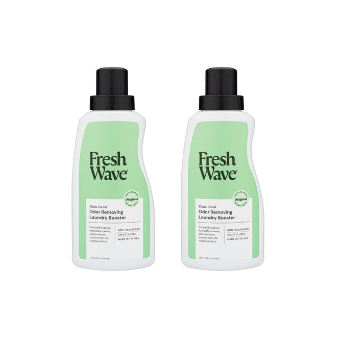 Two Fresh Wave Buy an Odor Removing Laundry Booster, Get another Free bottles with green and white labels sit side by side against a white background.