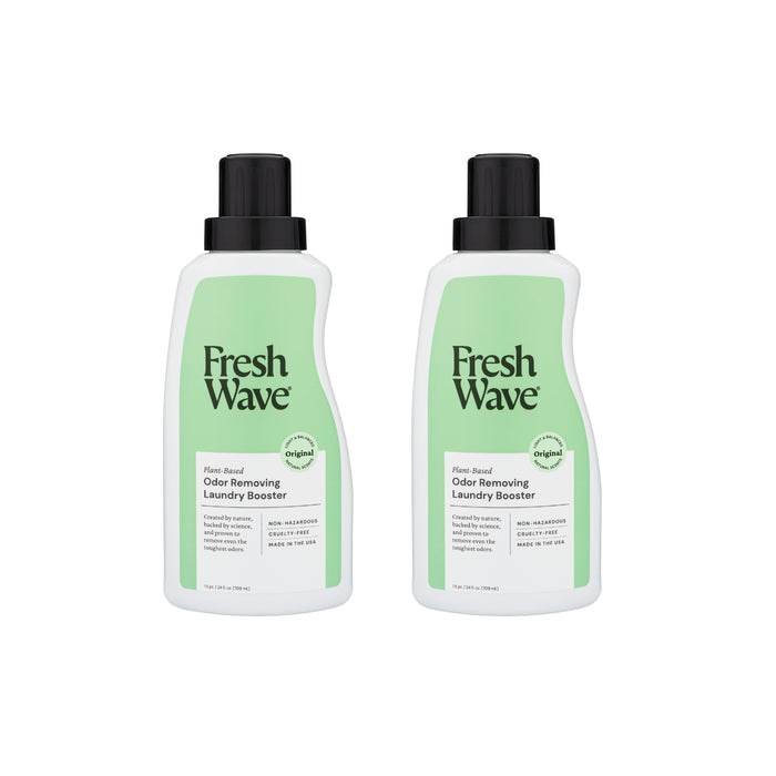 Two Fresh Wave Buy an Odor Removing Laundry Booster, Get another Free bottles with green and white labels sit side by side against a white background.