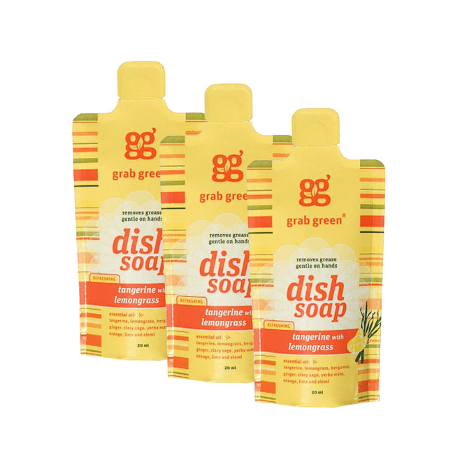 Three yellow grab green Dish Soap Travel Minis – Tangerine & Lemongrass, featuring red and orange stripes with a green herb design—TSA-friendly and perfect for travel.