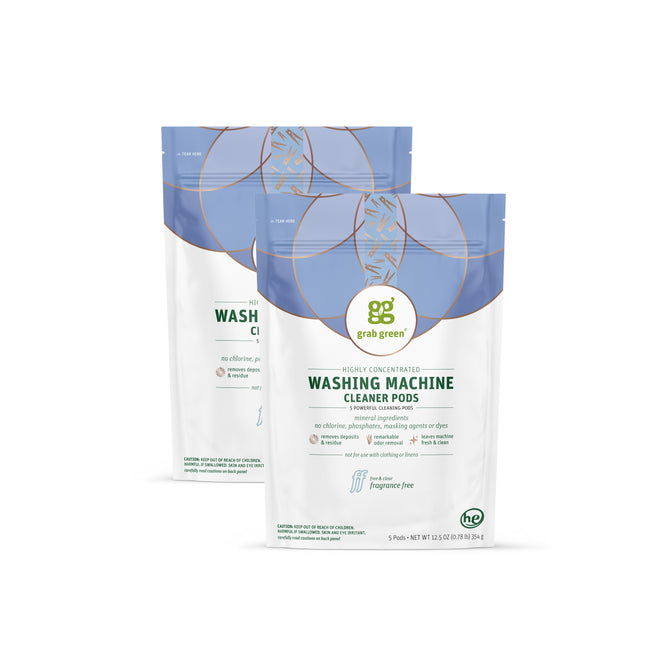 Two standing pouches of grab green Washing Machine Cleaner Pods - Fragrance Free, featuring a white and light blue design with green accents, highlight bio-based ingredients for effective odor removal against a plain white background.