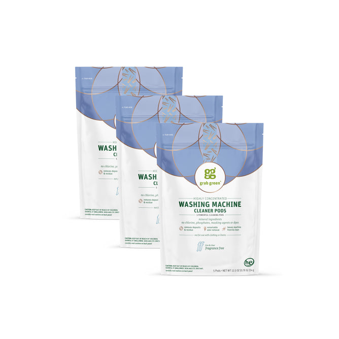 Three standing pouches of grab green Washing Machine Cleaner Pods - Fragrance Free, with a white and blue design and green logo/text, are shown on a white background—ideal for odor removal using powerful bio-based ingredients.
