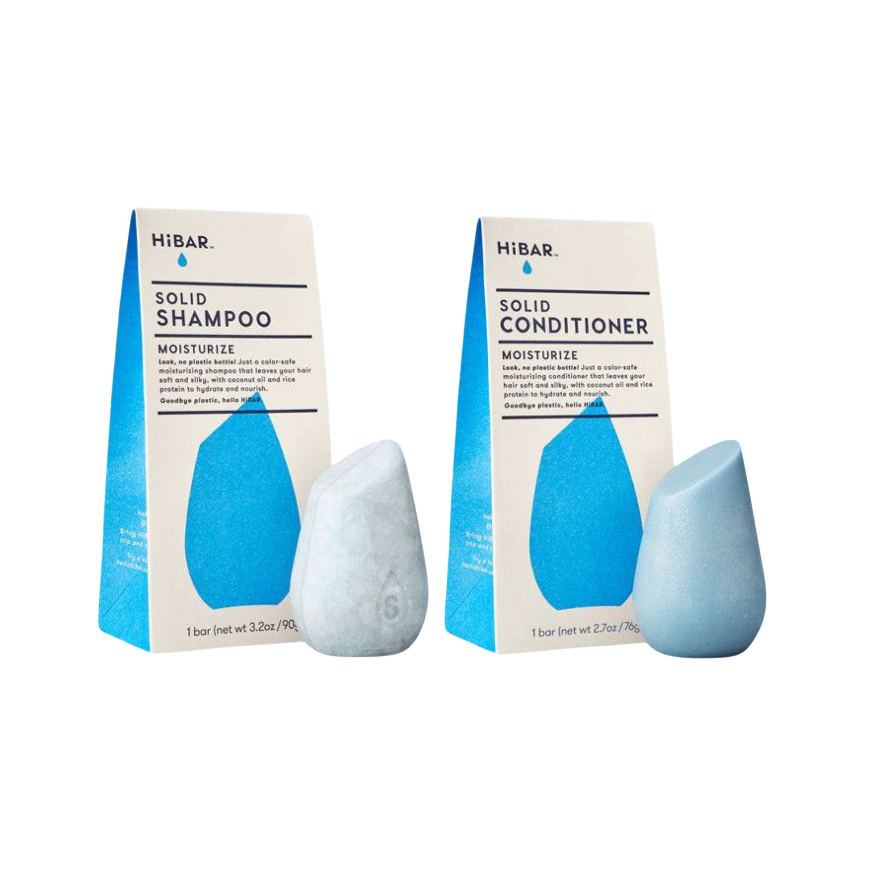 HiBARs Moisturize Haircare Set, featuring uniquely teardrop-shaped bars, is shown in front of its blue and white “Moisturize” packaging.