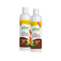 Two bottles of Alba Botanica's Shampoo & Conditioner Set – More Moisture Coconut Milk for dry hair, with vibrant hibiscus flower designs and green-yellow labels.