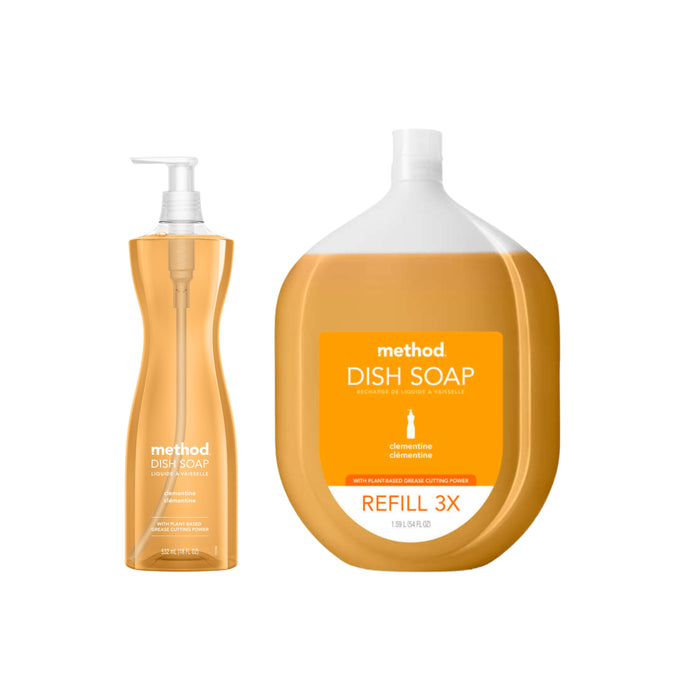 Two bottles of method Dish Soap Starter Set - Clementine, featuring pump dispensers and a large clementine-scented refill, are shown against a white background.