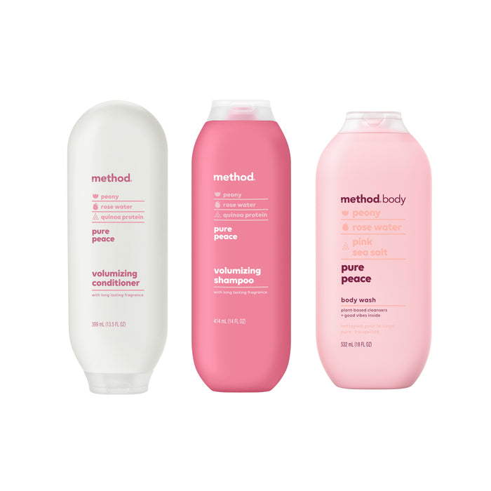 Three bottles of method bath products: the Shampoo, Conditioner & Body Wash Starter Set - Pure Peace, featuring minimalist labels in pink, white, and light pink bottles.