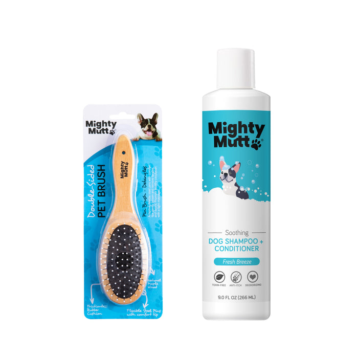 Mighty Mutt Bamboo Grooming Brush for Pets + free gift is shown in packaging—an essential item for easy, effective pet grooming.