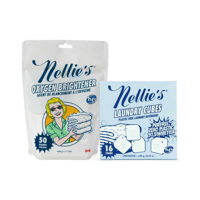 Nellie's: Buy Oxygen Brightener (white pouch, retro woman) and get Laundry Detergent Cubes free (blue box, "plastic free, zero plastic, 97.5% better" label).