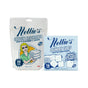 Nellie's: Buy Oxygen Brightener (white pouch, retro woman) and get Laundry Detergent Cubes free (blue box, "plastic free, zero plastic, 97.5% better" label).