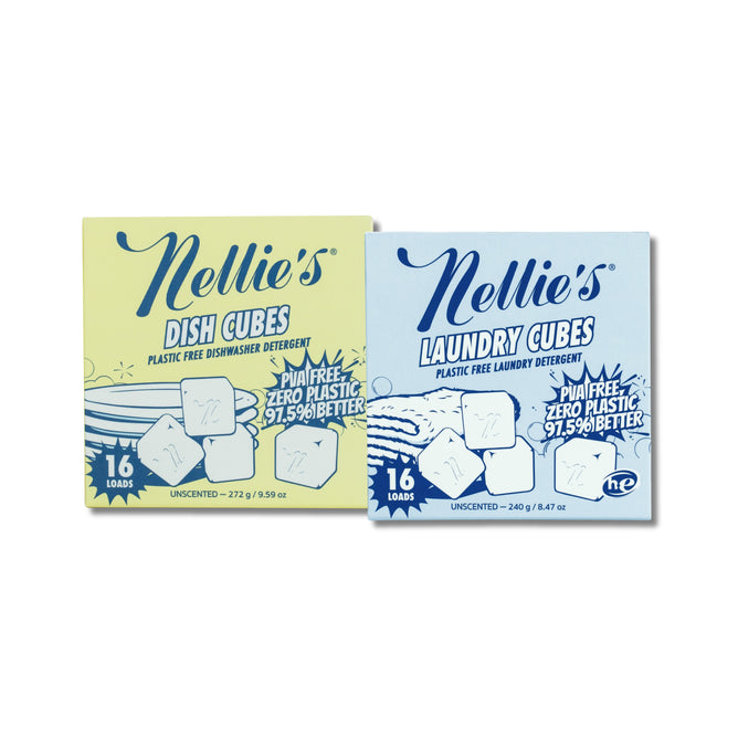 Nellie's Buy Dishwasher Cubes, Get Laundry Detergent Cubes Free features two light-colored, plastic-free, unscented, eco-friendly boxes labeled “Dish Cubes” and “Laundry Cubes,” each for 16 loads.
