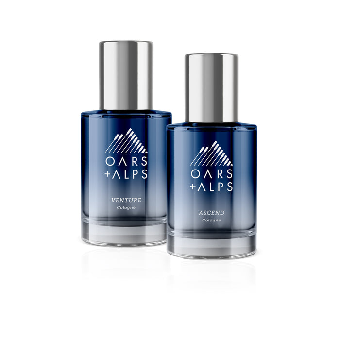 Holiday Cologne Duo — Venture & Ascend Gift Set featuring two glass bottles with silver caps.