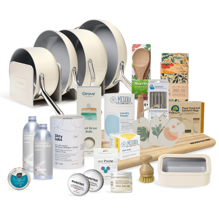 The Detox Bundle by Grove Collaborative offers eco-friendly kitchen and cleaning essentials—pots and pans, reusable bags, dish soap, scrub brushes, dryer balls, and sustainable packaging—for a plastic-free home with reduced chemical exposure.