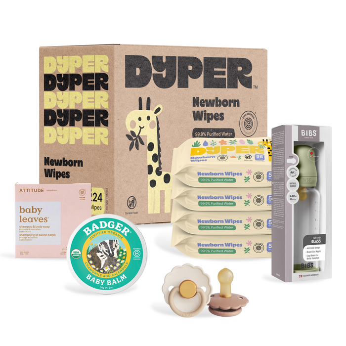 The Grove Collaborative Highest Impact Baby Swap Set – Everyday Sensitive-Skin Essentials includes EWG verified wipes, Dyper Newborn Wipes, wet wipes packs, baby balm tin, baby soap bar, glass bottle, and two natural rubber pacifiers.