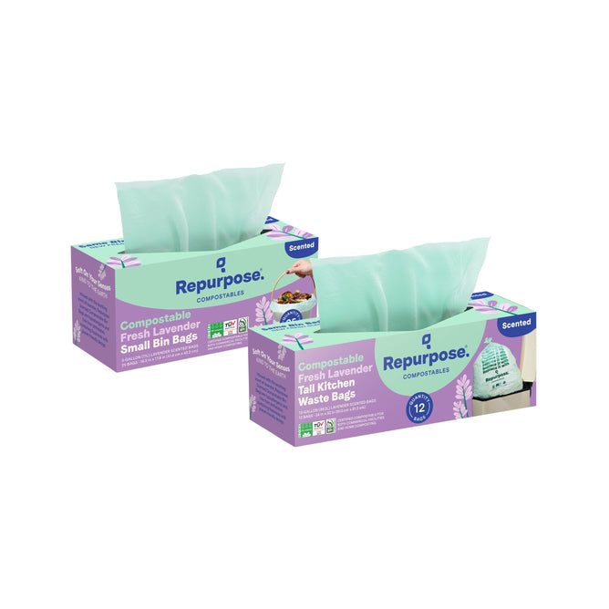 Repurpose’s “Buy Small Bin Bags, Get 13-Gal Tall Kitchen Bags Free” offers two boxes of compostable trash bags in a fresh lavender scent, featuring eco-conscious branding and green earth-friendly kitchen bags.