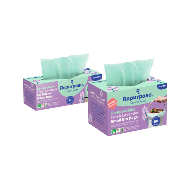 Repurpose Buy Compostable Small Bin Bags (50 ct) and get Compostable 13-Gal Tall Kitchen Bags (12 ct) free; both feature a Fresh Lavender scent with green compostable bags partially pulled out.