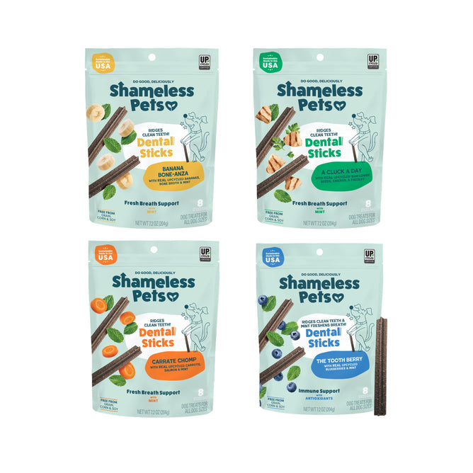 The image features the Shameless Pets Dental Sticks, Variety Pack, showing four treat pouches in assorted flavors for dog teeth cleaning, with a single dental stick displayed on the right.