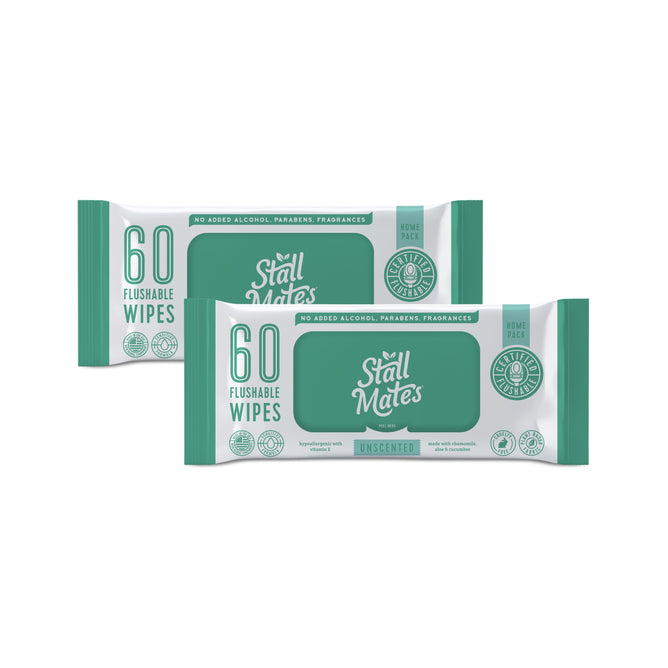 Get two packs of Stall Mates Buy One, Get One Free – Flushable Wipes (60 unscented wipes each) in green and white packaging; gentle for sensitive skin, alcohol- and paraben-free, and septic safe.