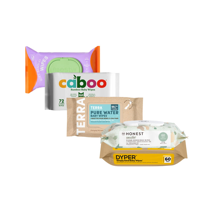 The Grove Collaborative Baby Wipes Try-It Kit features packs from five gentle, trusted brands—Reese’s, Caboo, Terra Pure Water, Honest, and Dyper—with varied colors and designs stacked diagonally.