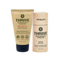 Thrive Natural Care offers Buy BodyShield Mineral Sunscreen SPF 50 (reef-safe, tan tube) and get a Revive Eye Stick (reduces puffiness/dark circles) free. Both feature green and orange text.
