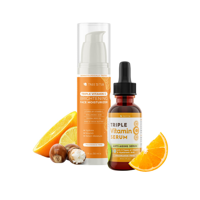 Tree To Tub Buy Skin Brightening Vitamin C Serum, Get Vitamin C Face Moisturizer FREE shown with a bottle of face moisturizer and a vitamin C serum dropper surrounded by orange slices and shea nuts.