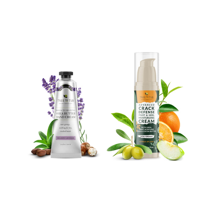 On a white background: Tree To Tub’s Anti-Aging Hand Cream tube with lavender and nuts, and a free Moisturizing Heel & Foot Cream bottle surrounded by leaves, olives, orange slices, and lime.