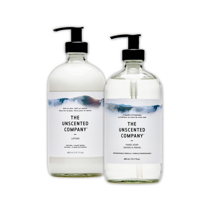 Get The Unscented Company's "Buy a Hand and Body Lotion, Get a Hand Soap Free" set: two 475mL clear pump bottles (Lotion & vegan Hand Soap) with minimal white labels and blue design.