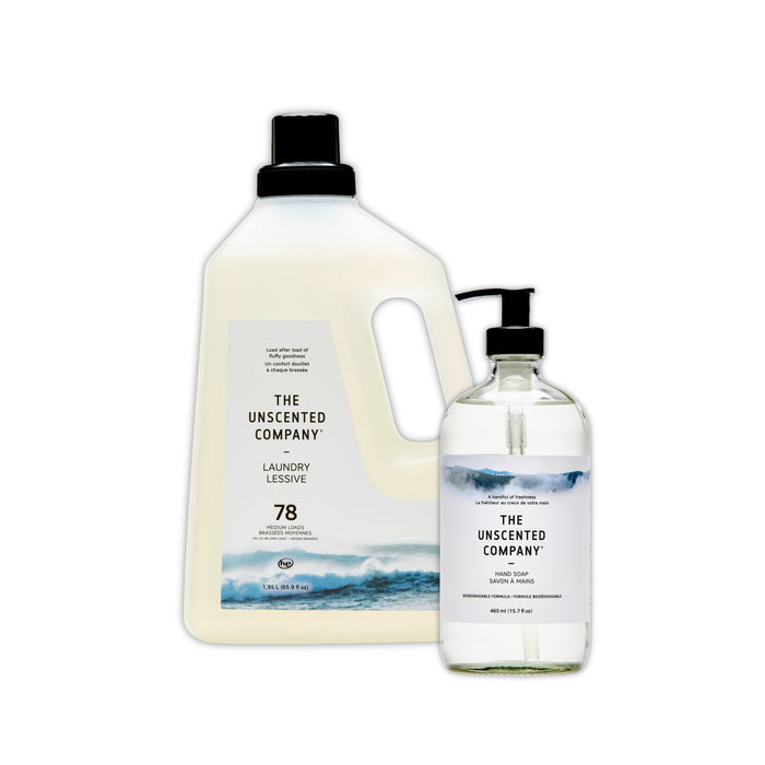 Two minimalist bottles from The Unscented Company: a large fragrance-free laundry detergent with black cap and a smaller hand soap, featured in the “Buy Laundry Detergent, Get a Hand Soap Free” offer—both displaying wave imagery.