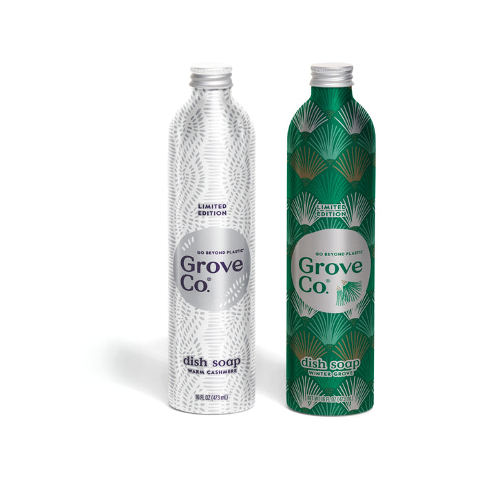 Grove Co. Dish Soap Set - Winter Collection includes two plant-based soaps in recyclable aluminum bottles with stylish designs.