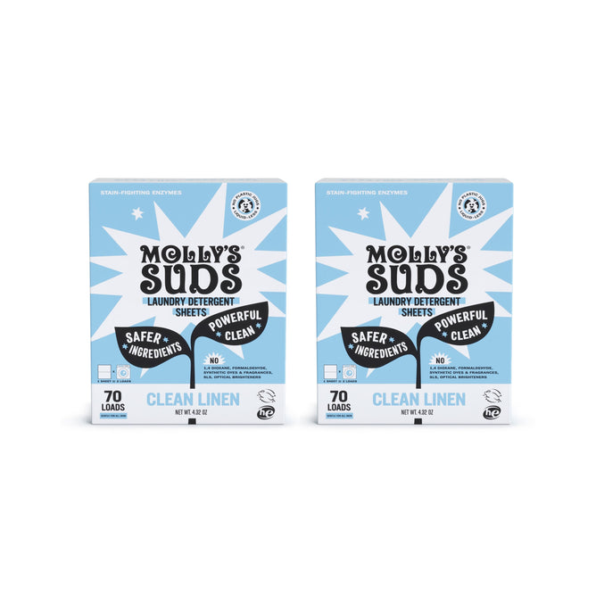 Two boxes of Molly’s Suds Laundry Detergent Sheets in Grove Exclusive Scent are shown. With a buy one, get one free offer, these eco-friendly sheets come in blue and white plastic-free packaging designed for powerful, safer cleaning.