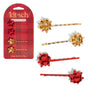 The Kitsch Metal Bobby Pins Gift Bow Set includes four holiday pins—two gold and two red—each with a shiny festive bow, displayed on a red plaid card.