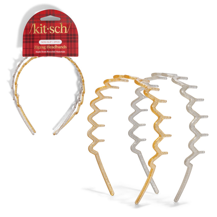 The Zigzag Headbands Holiday Set - Recycled Plastic by Kitsch features gold, silver, and clear headbands with a wavy zigzag design, each packaged with a red Kitsch NON-SLIP label.