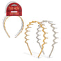 The Zigzag Headbands Holiday Set - Recycled Plastic by Kitsch features gold, silver, and clear headbands with a wavy zigzag design, each packaged with a red Kitsch NON-SLIP label.