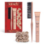 The Kitsch Hair Taming Sleigh All Day Gift Set includes a Styling Brush, Taming Wand, and beige Satin Scrunchies in festive red plaid packaging—perfect for sleek ponytails. Items also shown outside the box.