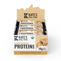 A display box of Kates Real Food Organic Protein Bar - Snickerdoodle, featuring individually wrapped bars. The box highlights a plant-based, gluten-free snack with 14g of protein and balanced energy per bar.