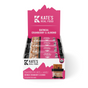 A pink and white display box of Kates Real Food Organic Energy Bar - Oatmeal Cranberry Almond, featuring product branding and an image of the bar on the front, contains individually wrapped organic snack bars inside.
