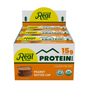 A box of Kate’s Real Food Organic Protein Bars, labeled 15g protein and containing 12 gluten-free bars, showcases organic and soluble fiber certifications on the front. Made with whole-food ingredients for clean fuel, the packaging displays illustrations of two bars and peanut butter cups.