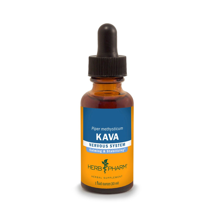 A 1 fl oz (30 mL) brown glass dropper bottle of Herb Pharm Kava Extract with a blue and yellow label highlighting Calming & Stabilizing support for the nervous system.