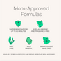 Infographic titled Mom-Approved Formulas featuring MDSolarSciences KidStick SPF 40: Water resistant (80 min), hypoallergenic, fragrance-free, reef-safe, 100% mineral, dermatologist developed. Ideal sunscreen for sensitive skin, safe for kids 6mo+.