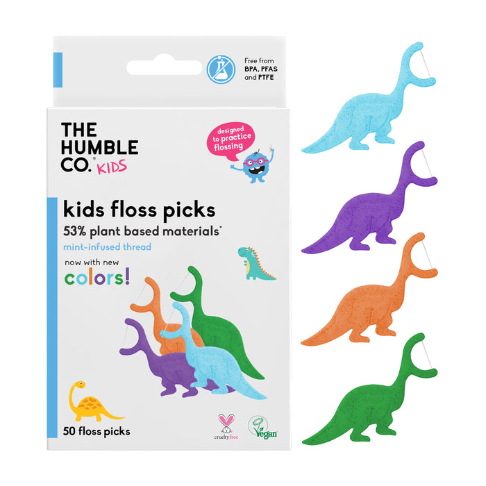 The Humble Co. Kids Floss Picks come in fun dinosaur shapes and new colors like green, blue, purple, and orange. Made with 53% plant-based materials, these vegan picks have mint-flavored thread. Each box contains 50 cruelty-free picks.