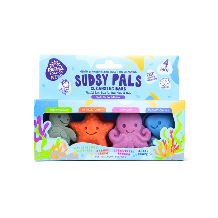 A box of Pacha Soap Co. Bar Soap Buddies includes four colorful, sea creature-shaped bars—Shelly Sarah, Twinkle Tommy, Inky Izzy, and Chompy Charlie—in a playful ocean-themed package for kids.